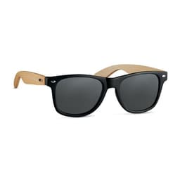 A pair of sunglasses with black lenses and a light wooden frame. The design features a logo on one side.