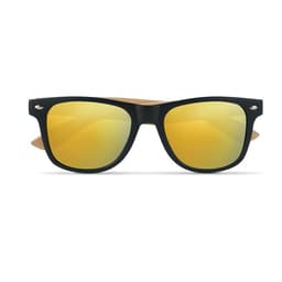 Sunglasses with black frames and reflective gold lenses, featuring a wooden temple design.