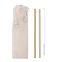 A set of natural straw drink straws in a cotton pouch, featuring two bamboo straws and a cleaning brush.