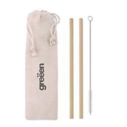 A natural straw set in a canvas pouch, featuring two bamboo straws and a cleaning brush. The pouch has a logo.