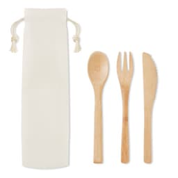 A set of bamboo cutlery including a spoon, fork, and knife, accompanied by a cream-coloured carrying pouch.