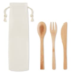 A set of bamboo utensils, including a spoon, fork, and knife, in a cream-coloured storage pouch.