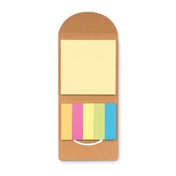 A note and sticky note holder made of brown cardboard, featuring yellow, pink, blue, and green sticky notes.