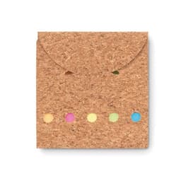 A cork envelope featuring colourful dots along the bottom, with a flap opening at the top. The envelope design has a logo.