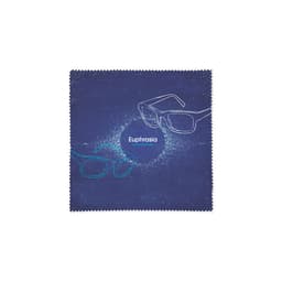 A blue glasses cleaning cloth featuring illustrations of glasses in white and turquoise, with a logo in the centre.