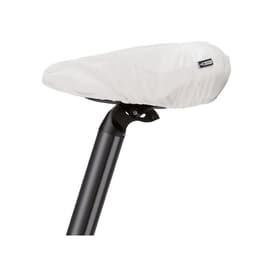 A bike seat covered with a white waterproof cover, mounted on a black seat post. The cover has a small logo.