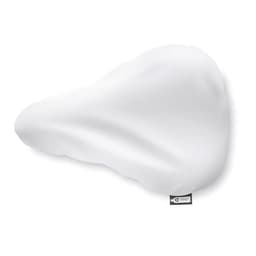 A bike seat cover in white fabric, featuring a logo and a smooth, contoured design.