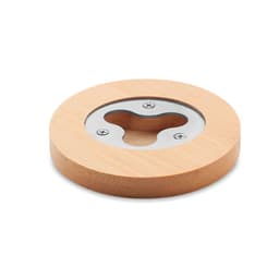A bamboo drink coaster with a stainless steel insert and a circular design featuring a three-pronged opening.