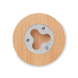 A round bamboo coaster featuring a stainless steel centre with three holes for drinks.