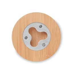 A round bamboo drink coaster with a silver metal insert featuring a three-petal design and visible screws.