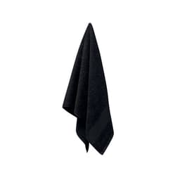 A black towel hanging down, featuring a textured surface and a neat fold at the bottom. It includes a logo.