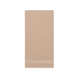 A yoga mat in a soft beige colour, featuring a smooth texture and a subtle logo at the top.