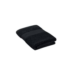 A black towel neatly folded, featuring a textured band across the centre and a branding logo.