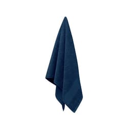 A navy blue towel hanging, featuring a textured surface and a folded edge. The towel has a subtle branding logo.