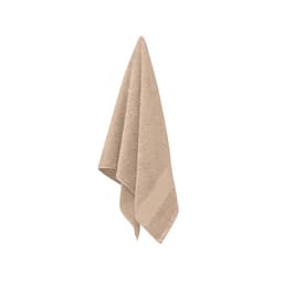 A towel in a light beige colour, hanging with a textured surface. The towel has a simple design and a subtle branding logo.