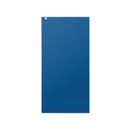 A blue promotional product featuring a smooth surface and a small logo in the corner.