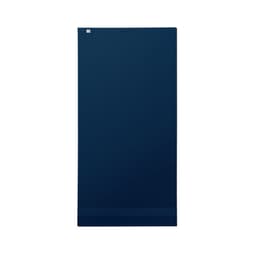 A drink bottle featuring a sleek, dark navy blue design with a logo on the side.