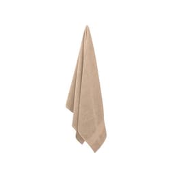 A towel in a light beige colour, hanging vertically with a textured surface. It has a simple design without any printed branding.