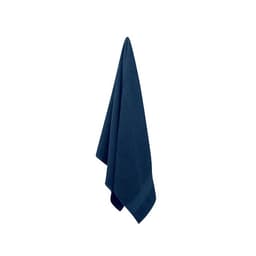 A navy blue towel hanging, featuring a textured surface and finished edges. It has a simple design and is unbranded.