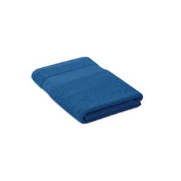 A blue towel, neatly folded, showcasing its soft texture and uniform design. It includes a subtle band detail.