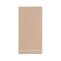 A yoga mat in a soft beige colour, featuring a textured surface and a subtle logo at the top.