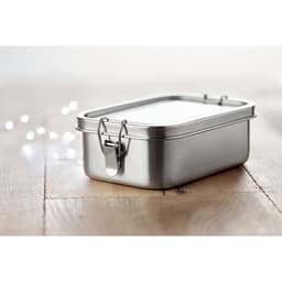A stainless steel lunchbox with a clasp closure, featuring a sleek, rectangular design and a shiny finish.