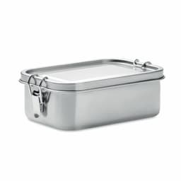 A stainless steel lunchbox with a clear lid and metal clasp, featuring a shiny silver finish.