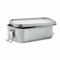 A stainless steel lunchbox with a removable lid and a clasp for secure closure. Features a sleek design.