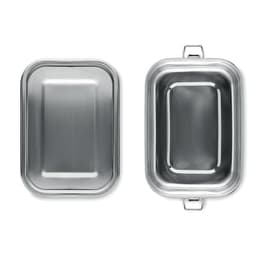 A stainless steel lunchbox featuring a rectangular shape with a polished finish and a hinged lid.
