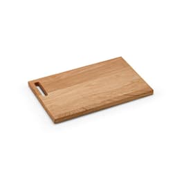 A wooden chopping board in natural oak finish, featuring a built-in handle for easy carrying.