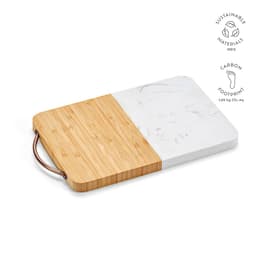 A marble and bamboo board with a handle, featuring a white marbled surface and natural bamboo section. Includes a logo.