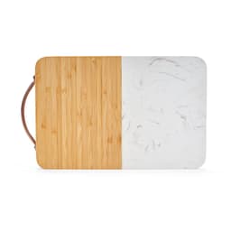 A marble and bamboo serving board with a handle, featuring a natural bamboo side and a white marbled side.