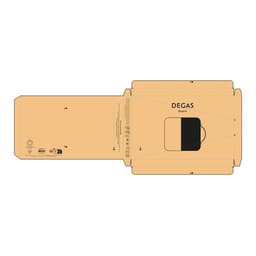 A flat, brown packaging for the Degas Board, featuring a black section, and includes a logo.