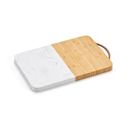 A marble and bamboo cutting board with a handle, featuring a white marble surface and a light bamboo section.