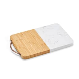 A marble and bamboo cutting board with a handle, featuring a white marble surface and a natural bamboo base.