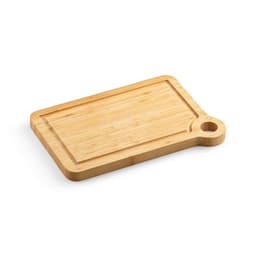 A bamboo cutting board featuring a built-in corner handle and a rectangular shape, showcasing natural wood grain.