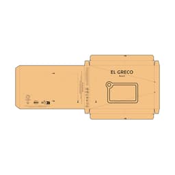 A flat packaging design for the El Greco Board Bamboo, featuring a built-in corner handle and an orange background.