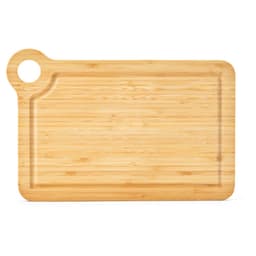 A bamboo cutting board with a built-in corner handle, featuring a natural wood finish and a smooth surface.