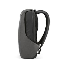 A grey backpack with a sleek design, featuring a TSA lock and anticut fabric, and a logo on the side.