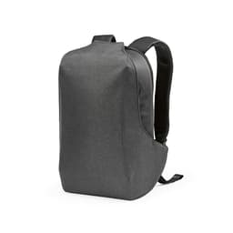A grey backpack with a sleek design, featuring a TSA lock and anticut fabric, includes a logo.