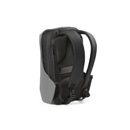 A black and grey backpack with shoulder straps, featuring a zippered pocket and a logo.
