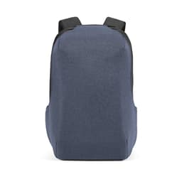 A navy blue backpack with a sleek design, featuring a TSA lock and anticut fabric, and has a logo.