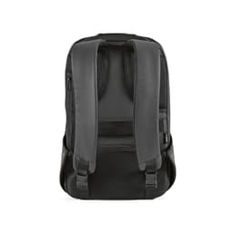 A black backpack with padded straps and a mesh back, featuring a sleek design and a logo.