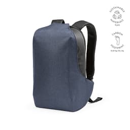 A blue backpack featuring anti-cut fabric, TSA lock, and a logo. Made from 71.6% sustainable materials.