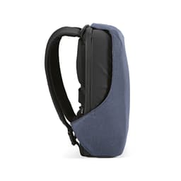 A blue and black backpack with a sleek design, featuring a TSA lock and anticut fabric. Includes a logo.