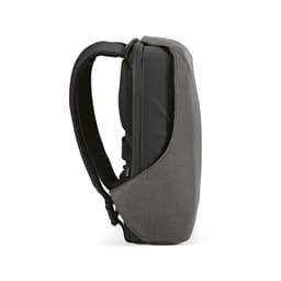 A grey backpack with a sleek design, featuring anti-cut fabric and a TSA lock, displaying a branded logo.
