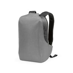 A grey backpack featuring anticut fabric, TSA lock, and a logo. Sleek design with padded shoulder straps.