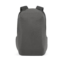 A grey backpack with a sleek design, featuring a TSA lock and anticut fabric, along with a logo.