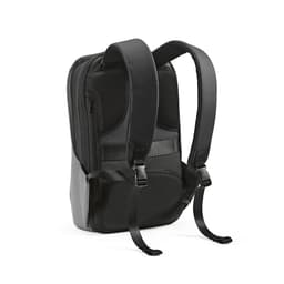A black backpack with adjustable straps, featuring a TSA lock and anticut fabric. It has a branding logo.