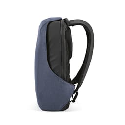 A sleek blue backpack with a TSA lock and anticut fabric, featuring padded straps and a slim profile.